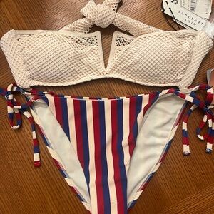 Sanctuary Swim Two-Piece Bikini Set - Cream Top with Red & Blue Striped Bottom